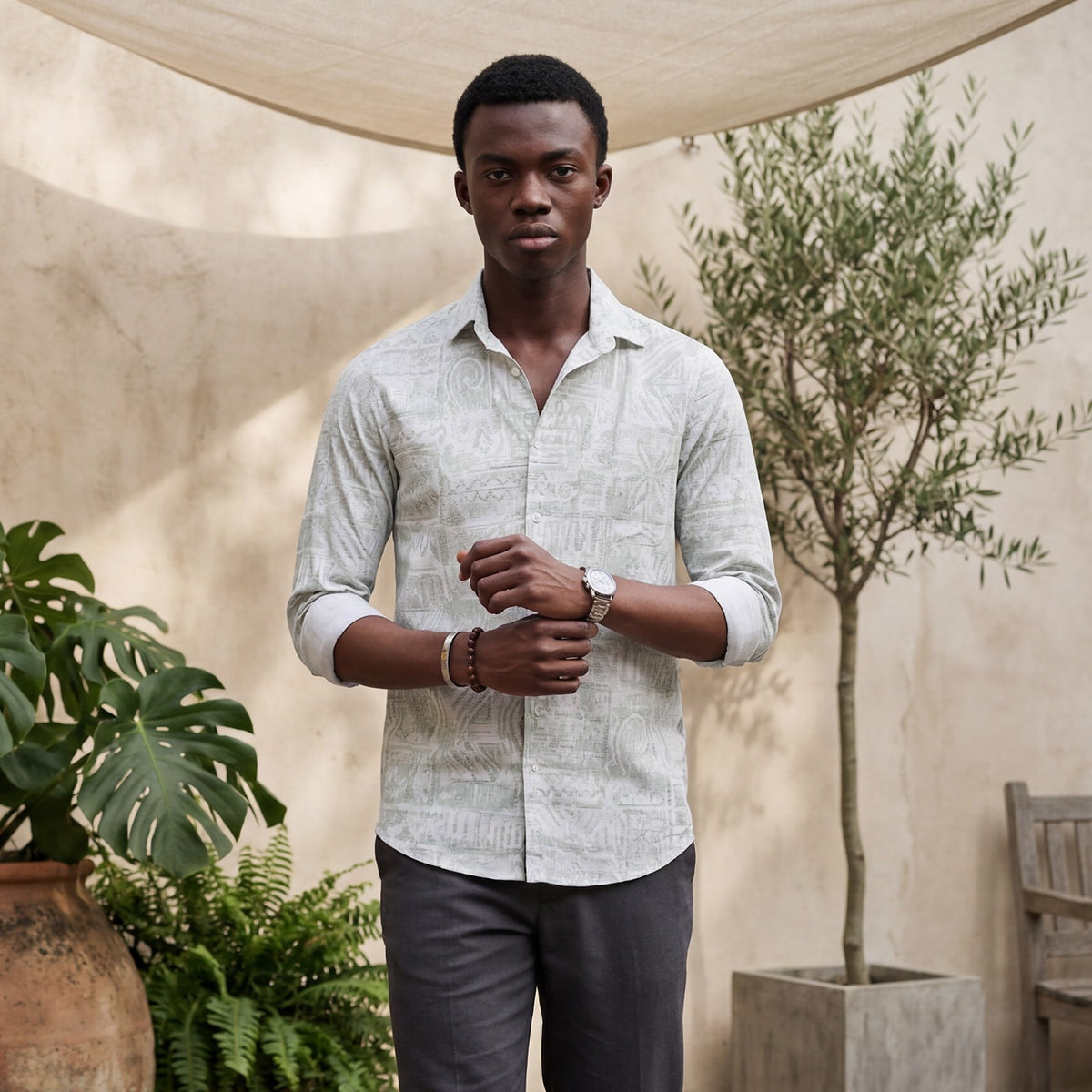 Men's Light Green Printed Slim Fit Shirts