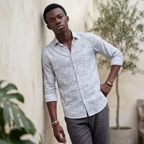 Men's Grey Printed Slim Fit Shirts