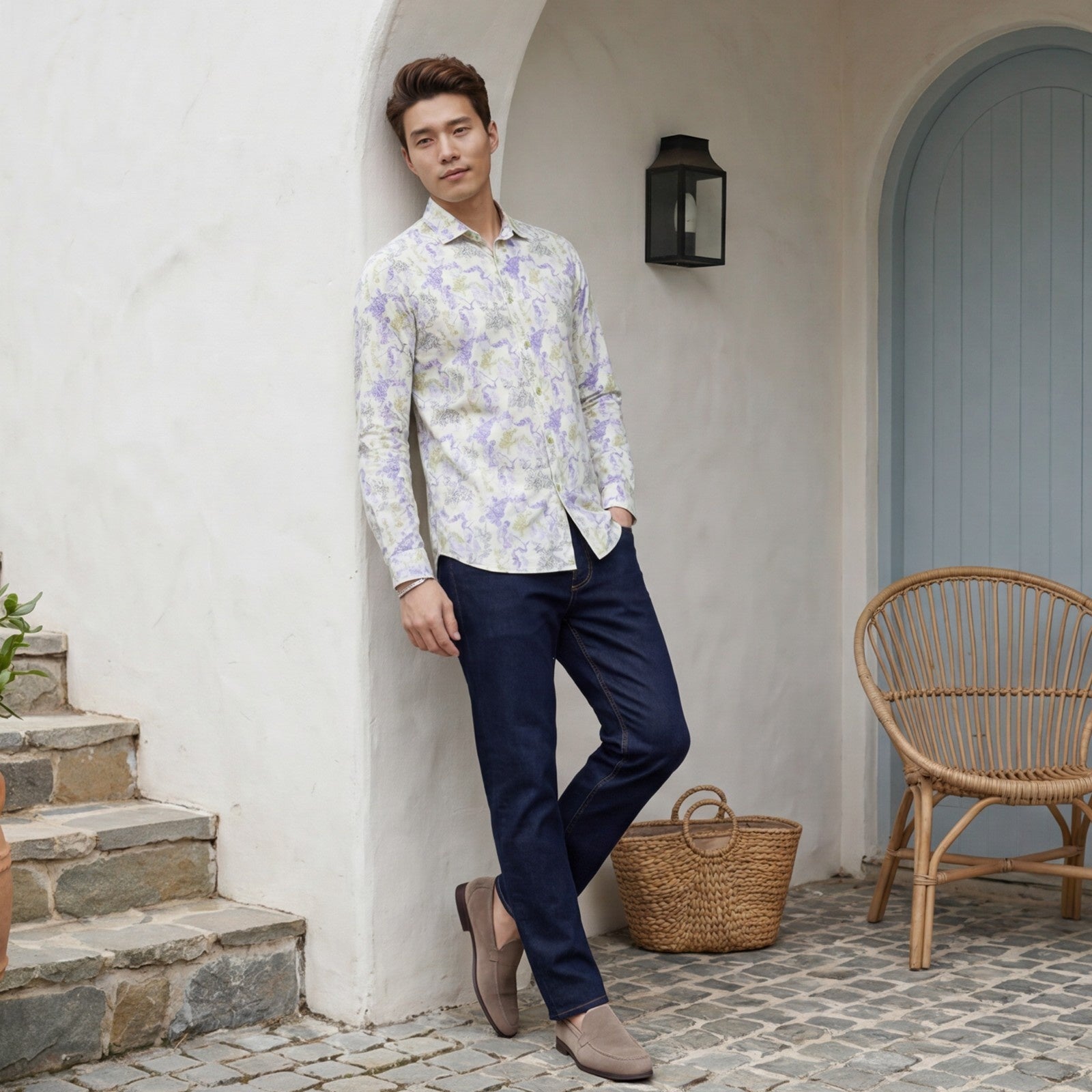 Men's Yellow Printed Slim Fit Shirts