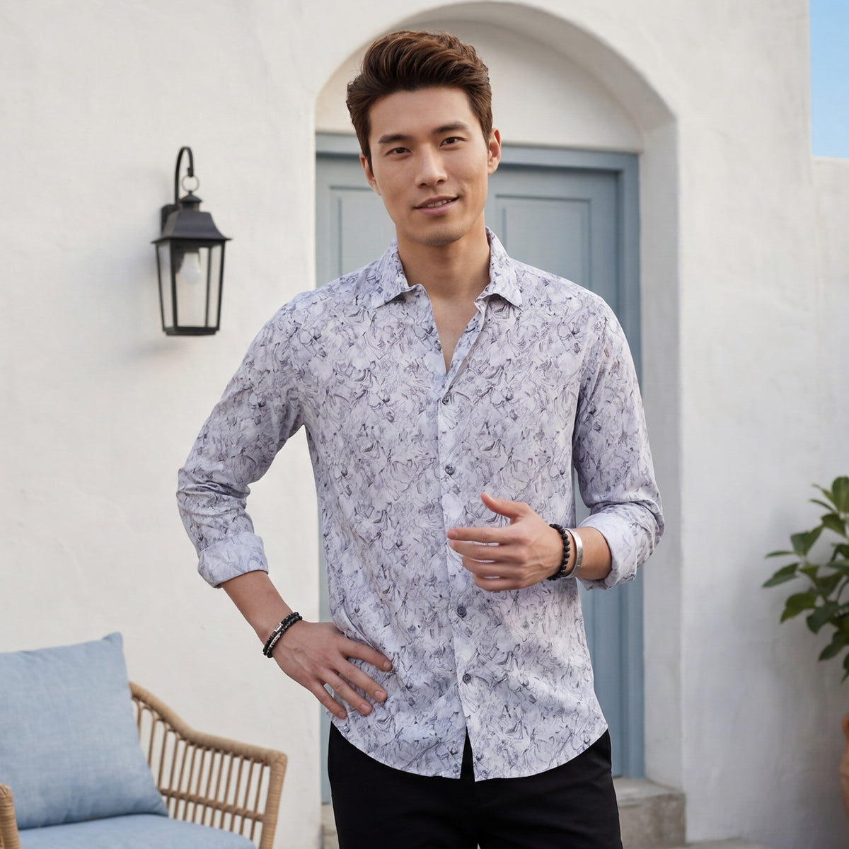 Men's Grey Printed Slim Fit Shirts
