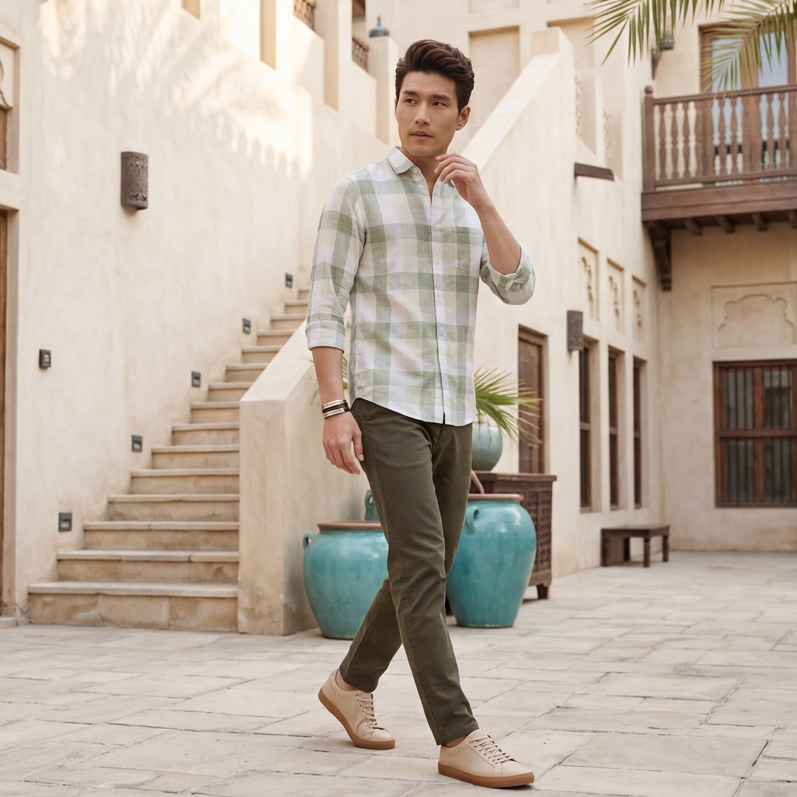 Men's Olive Green Checks Slim Fit Shirts