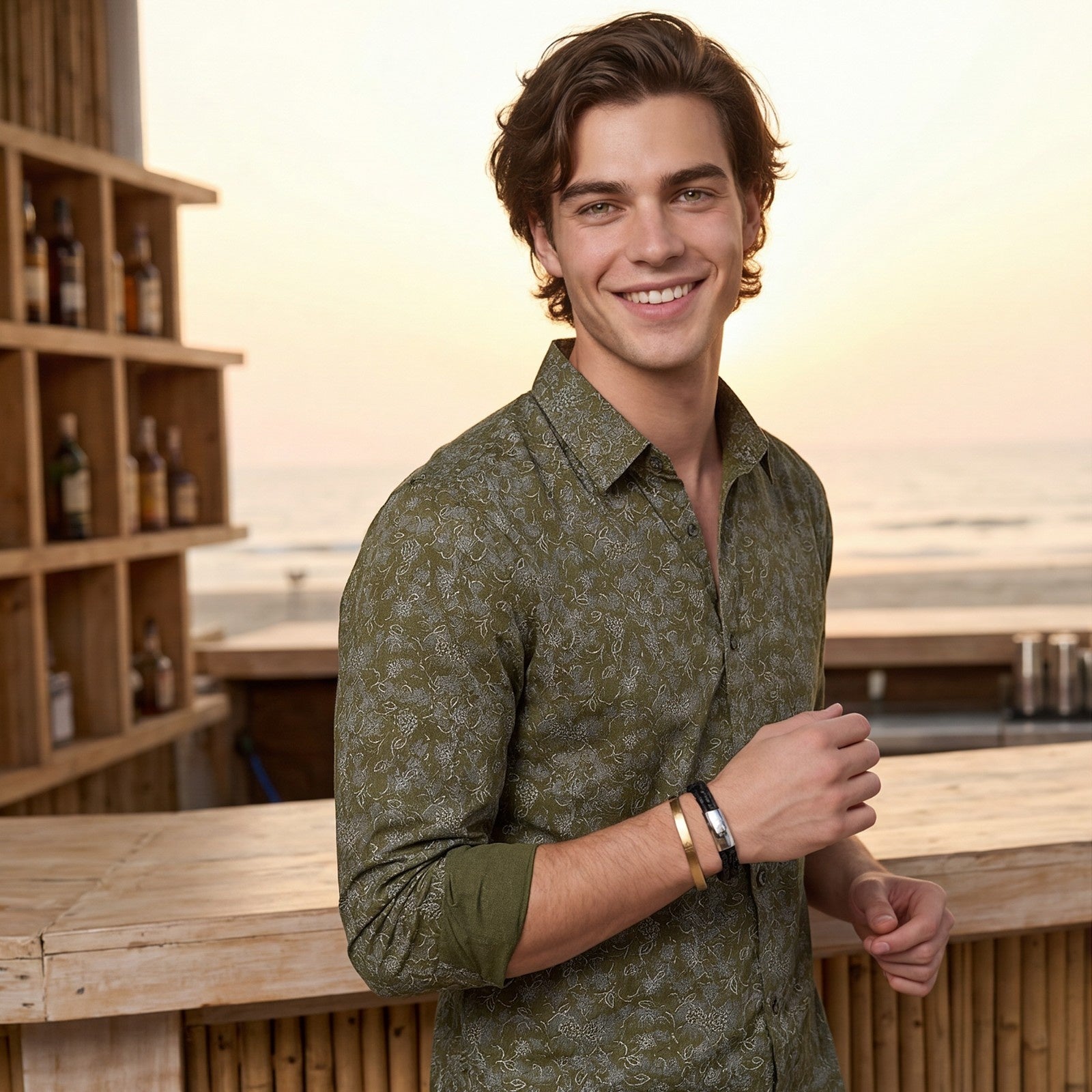 Men's Olive Printed Slim Fit Shirts