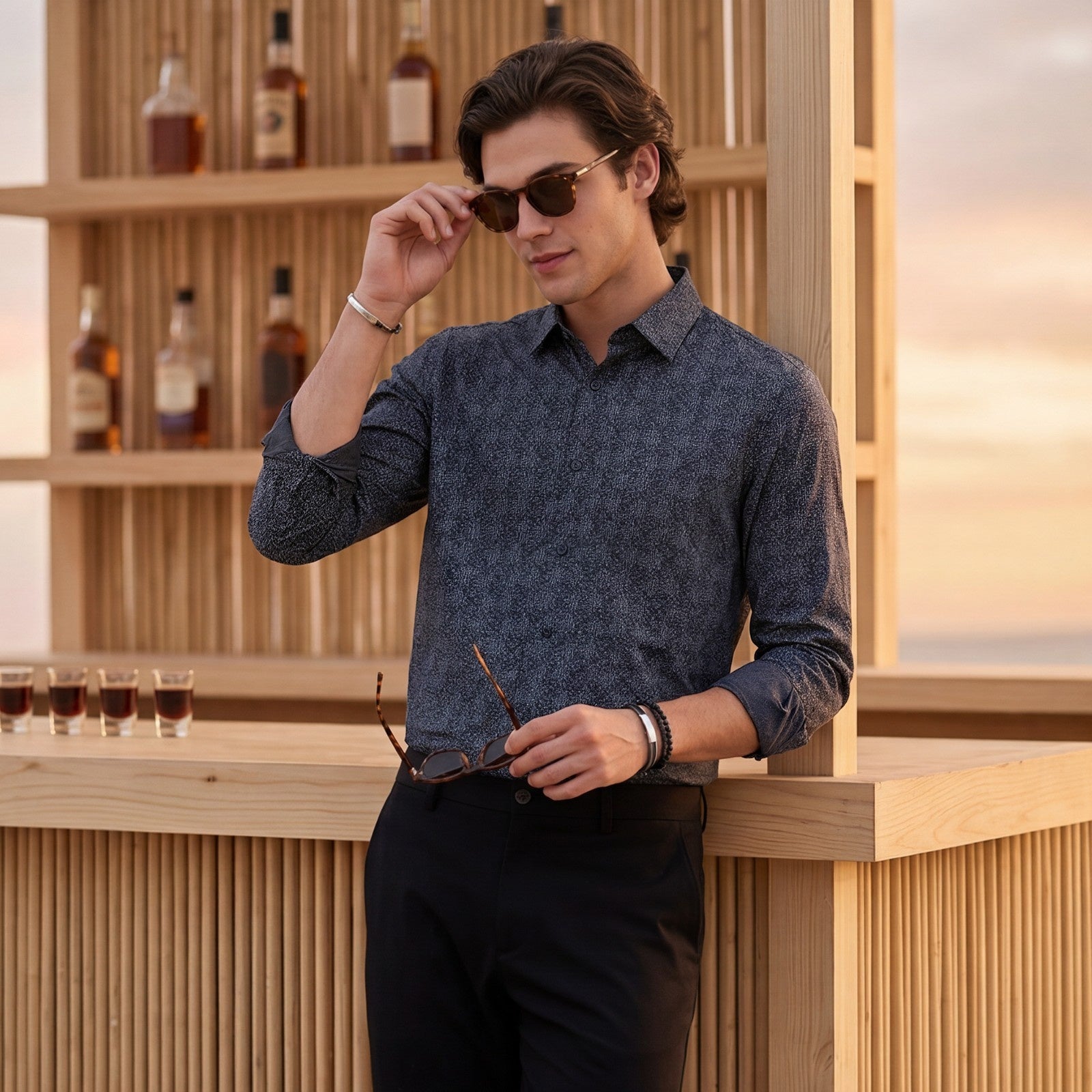 Men's Navy Blue Printed Slim Fit Shirts