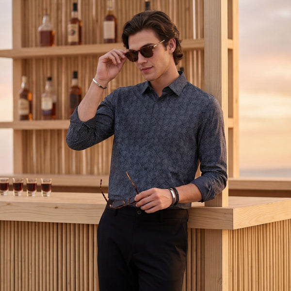 Men's Navy Blue Printed Slim Fit Shirts