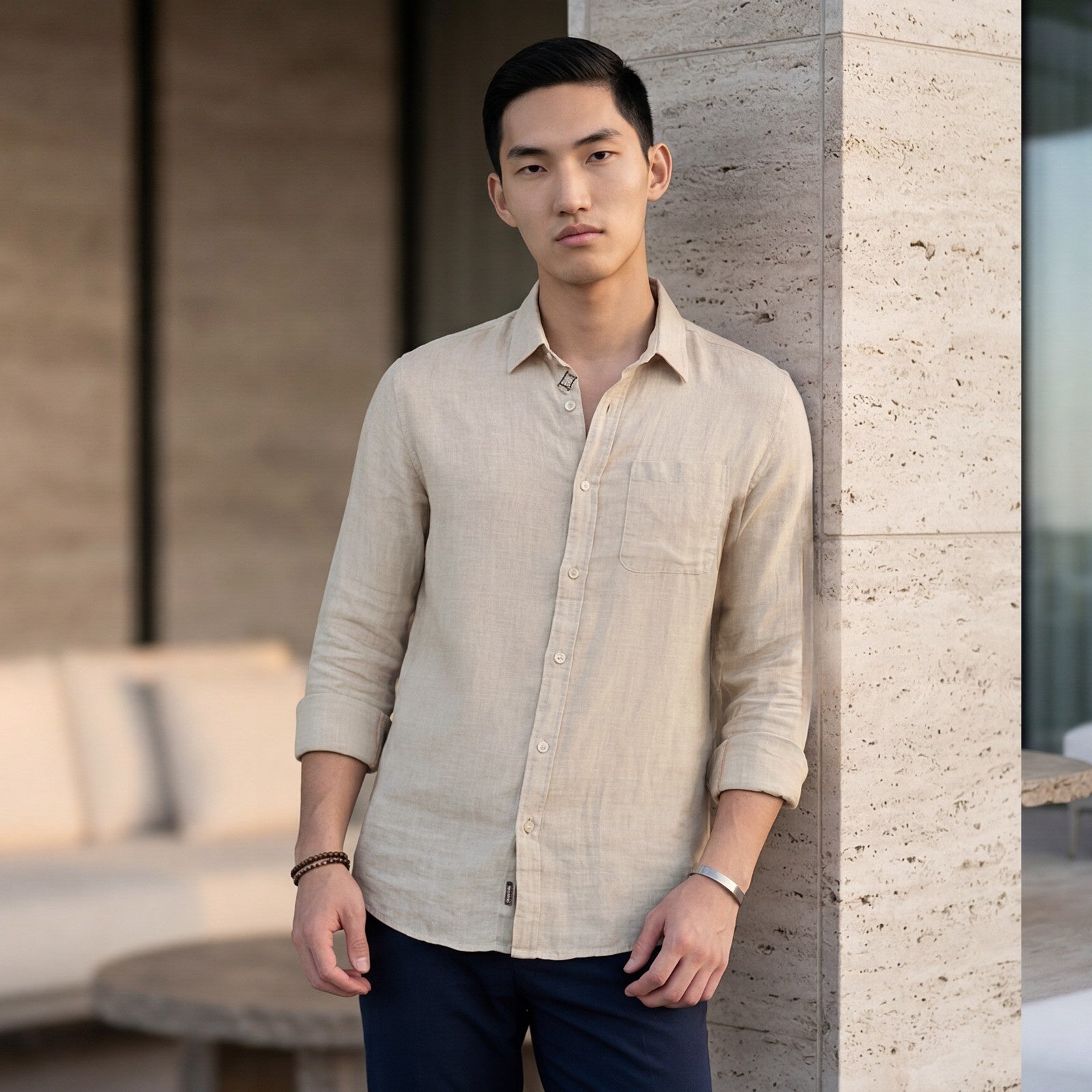 Men's Beige Solid Slim Fit Shirts