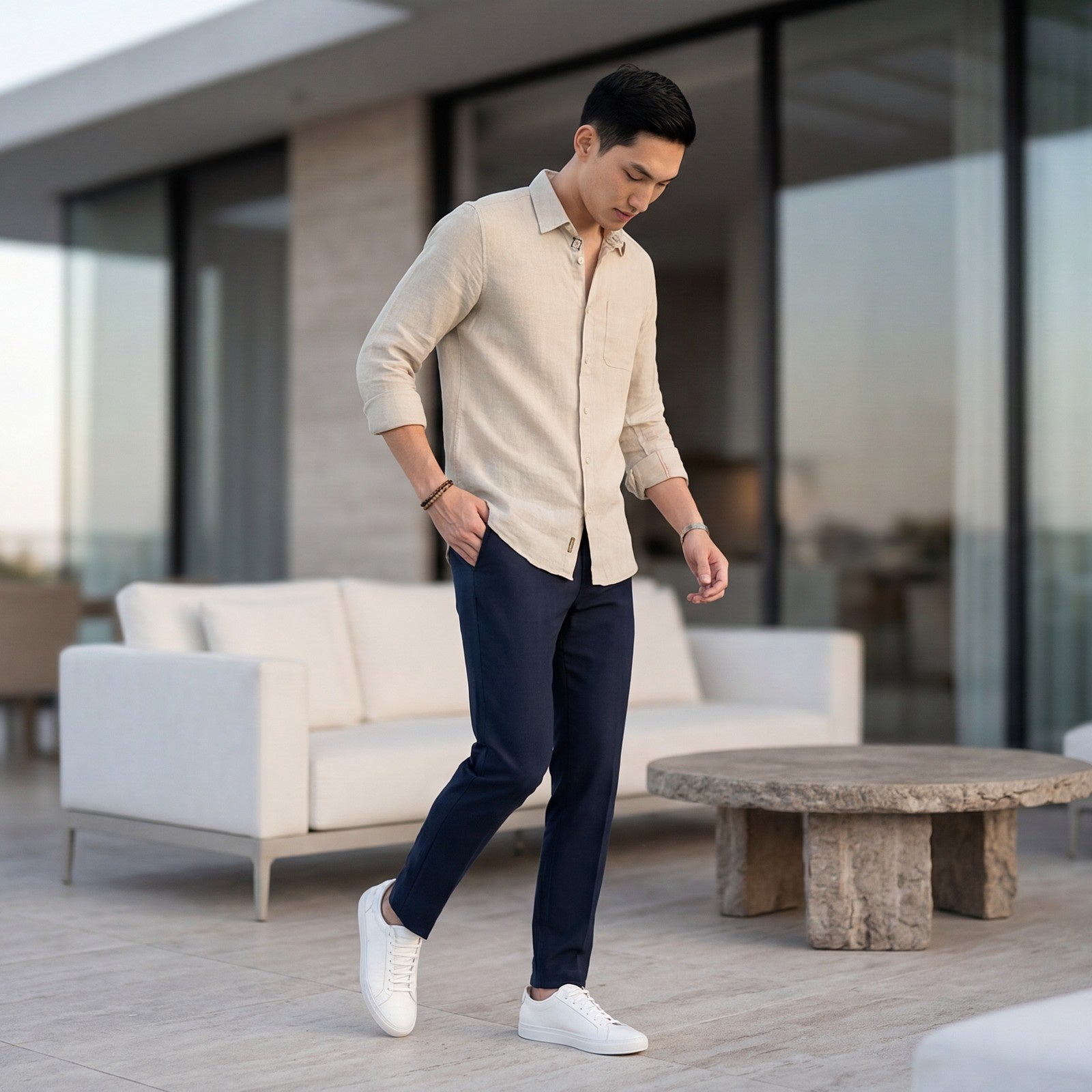Men's Beige Solid Slim Fit Shirts