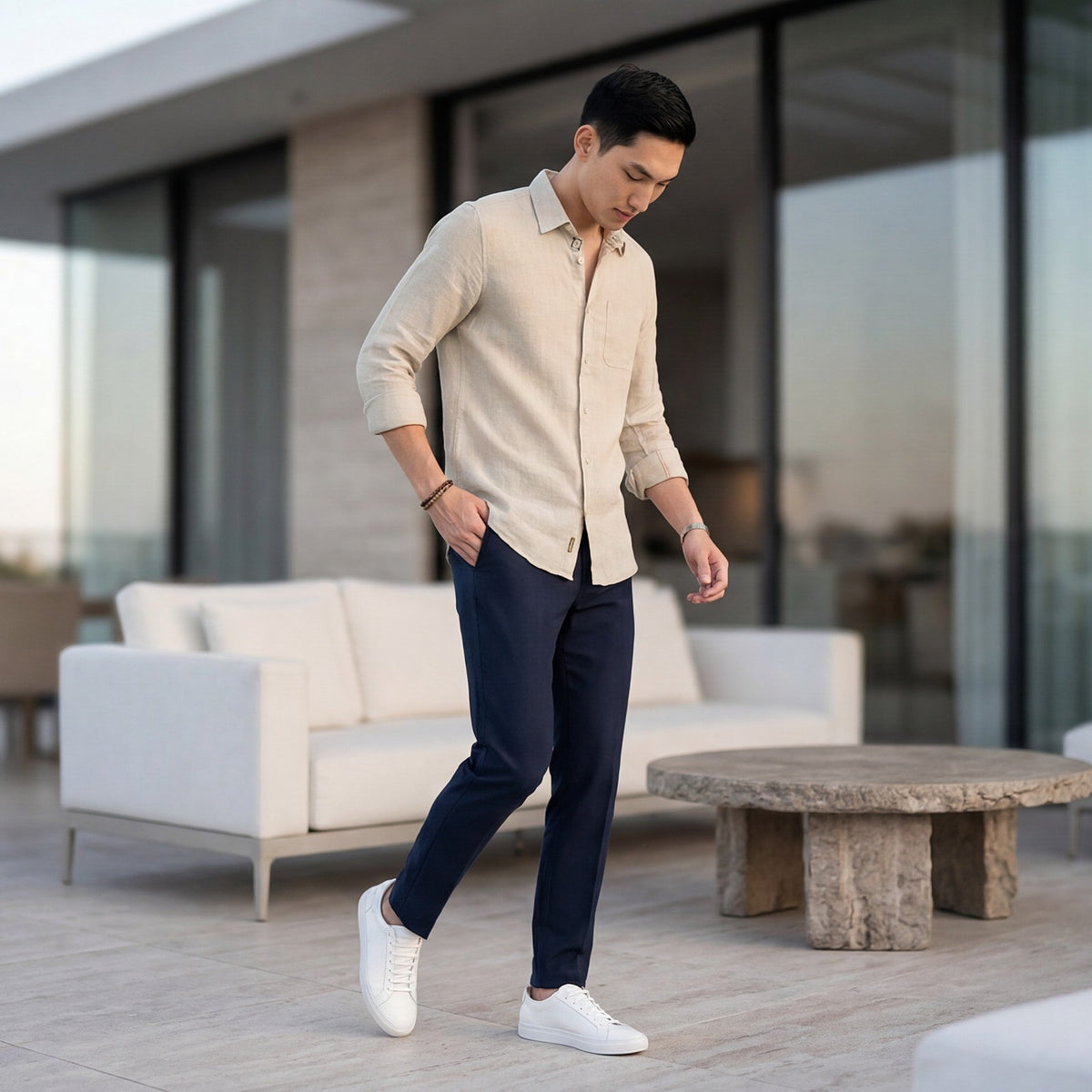 Men's Beige Solid Slim Fit Shirts
