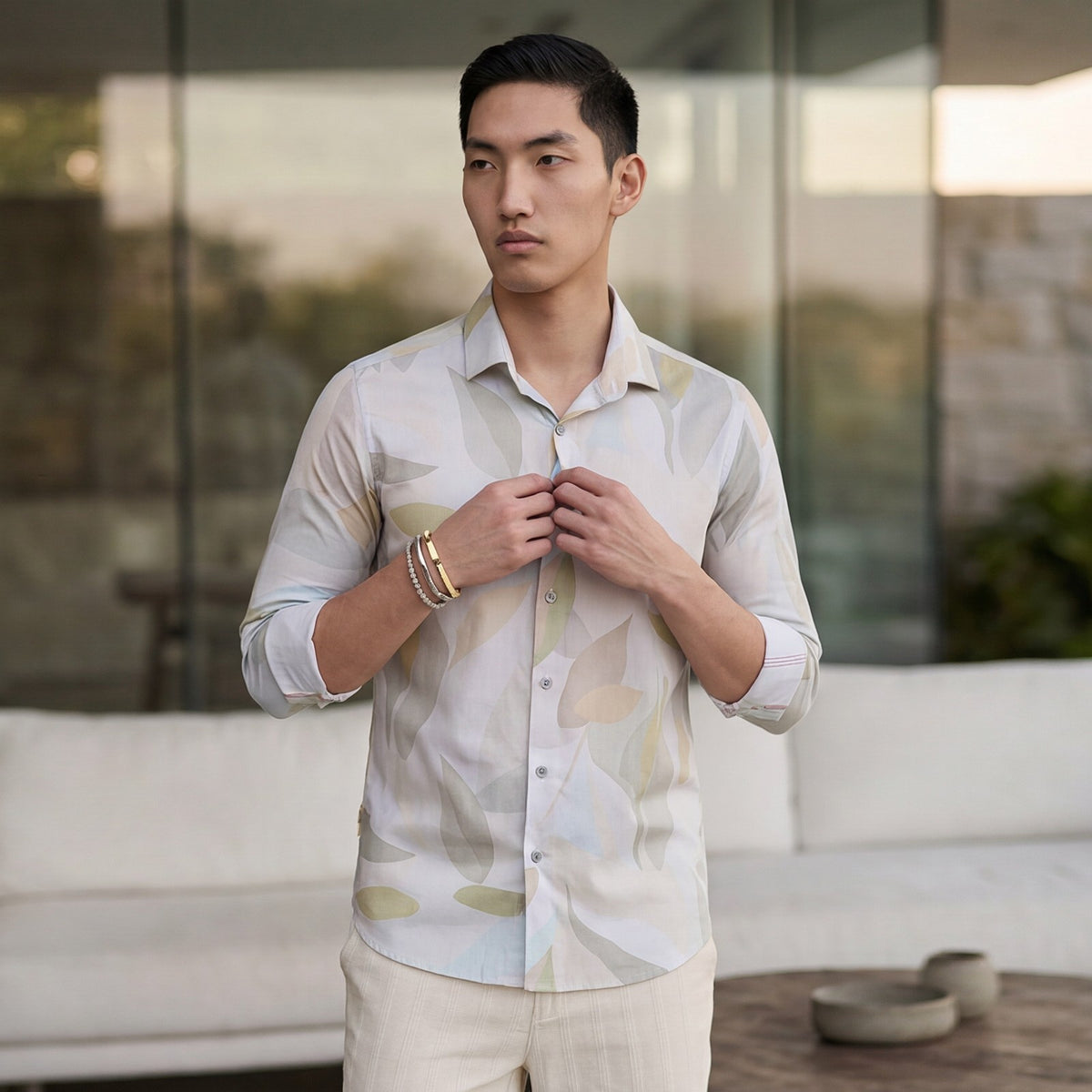 Men's Olive Printed Slim Fit Shirts