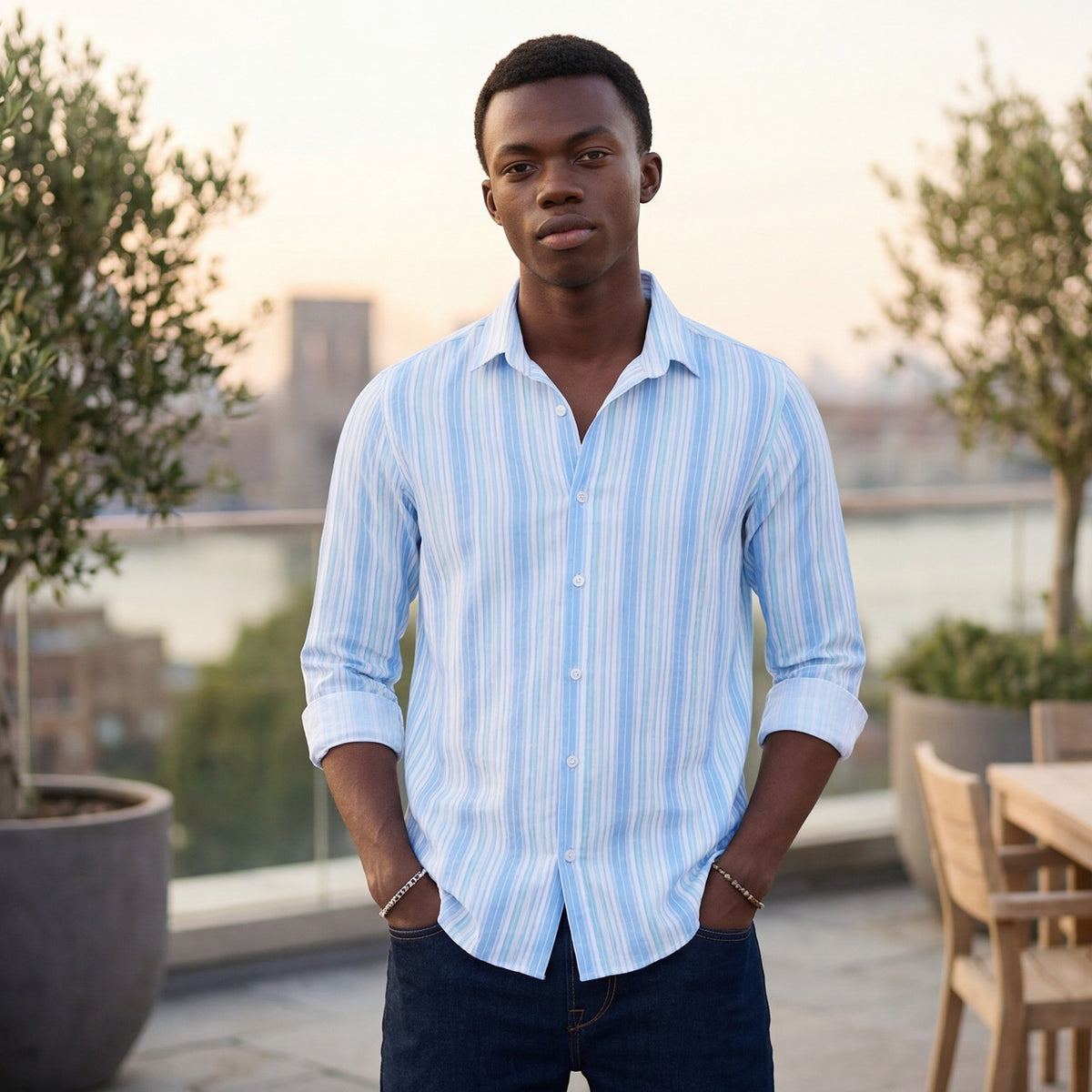 Men's Light Blue Striped Slim Fit Shirts