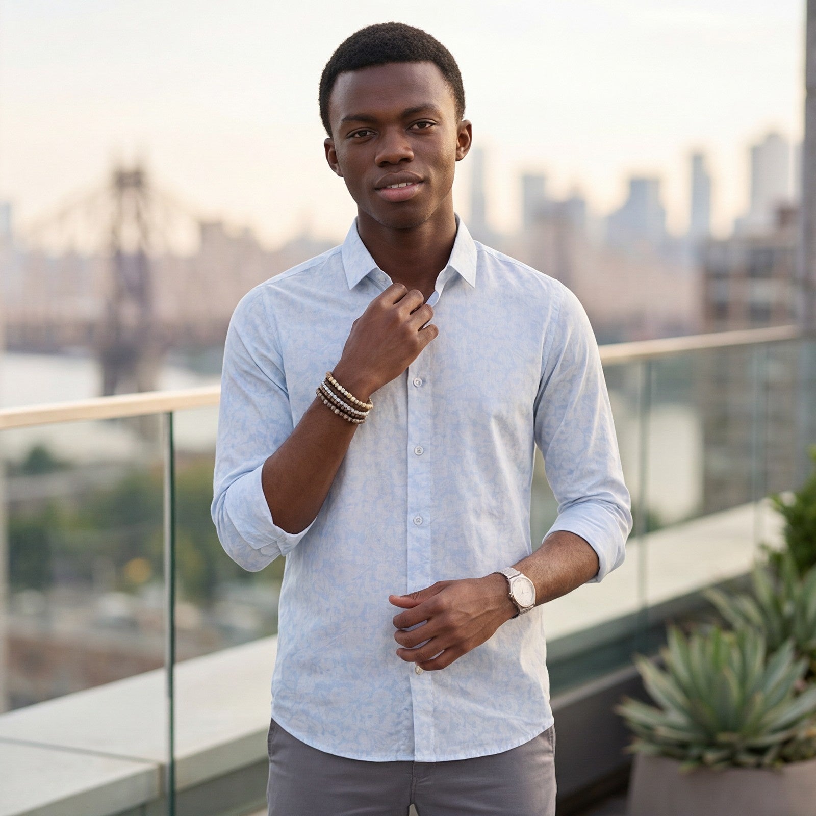 Men's Light Blue Printed Slim Fit Shirts
