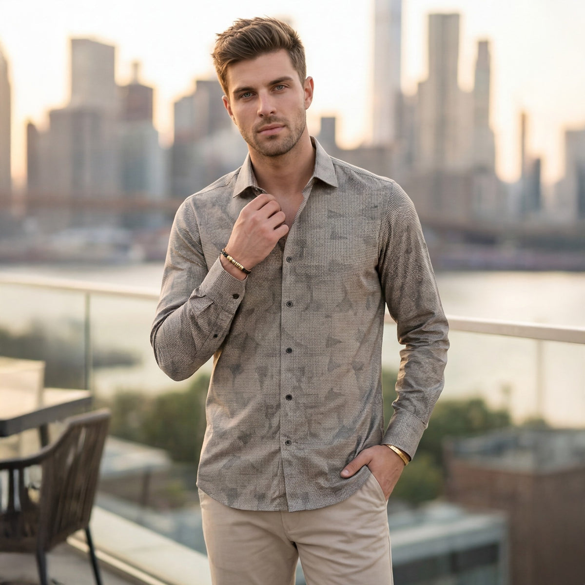 Men's Khaki Printed Slim Fit Shirts