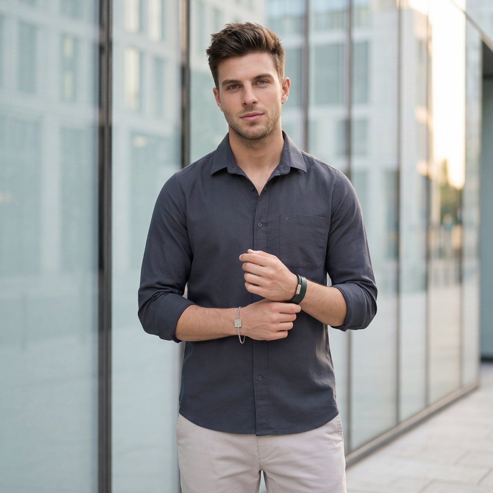Men's Grey Solid Slim Fit Shirts