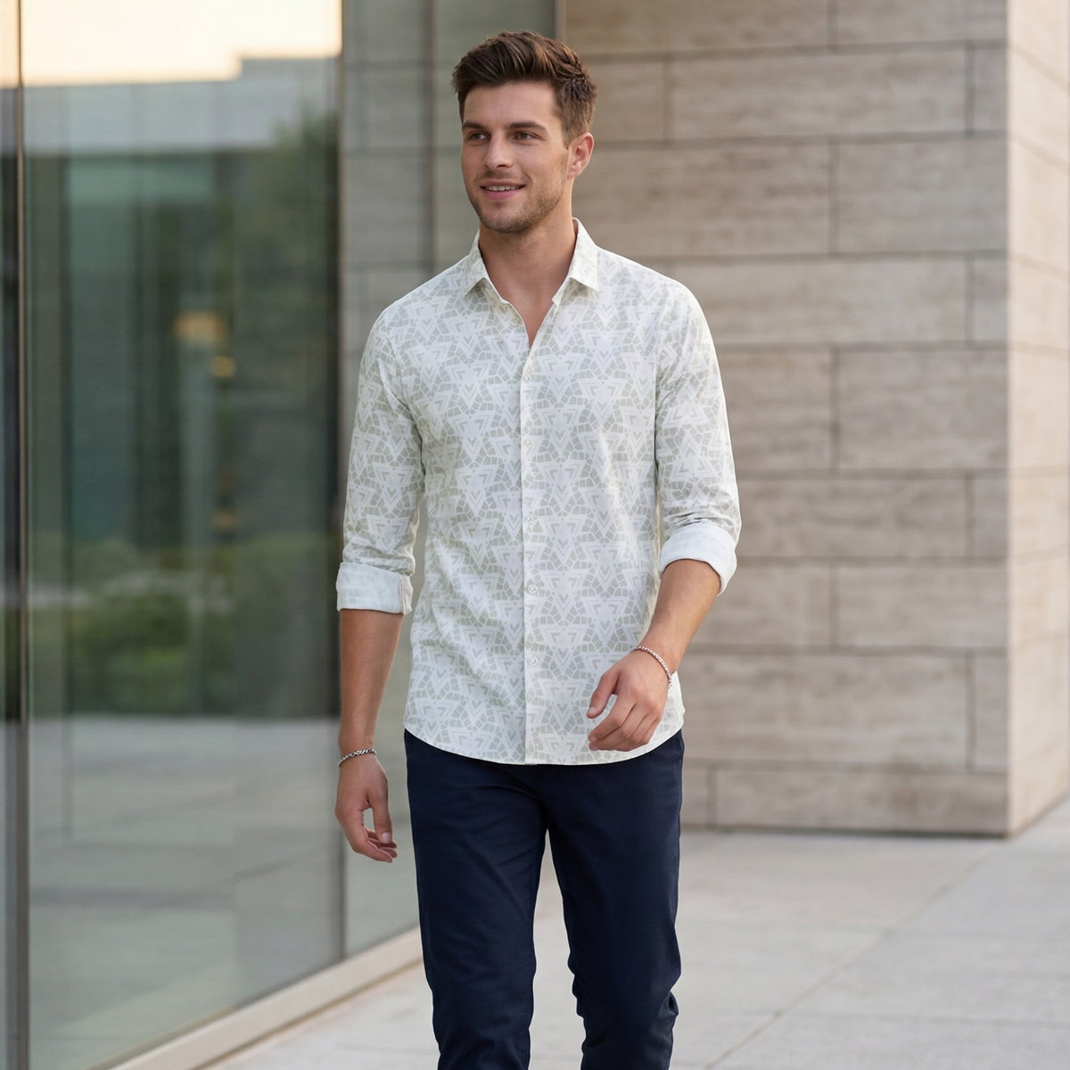 Men's Green Printed Slim Fit Shirts