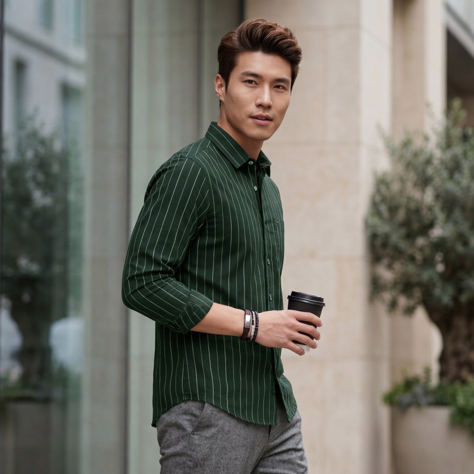 Men's Dark Green Stripe Slim Fit Shirts