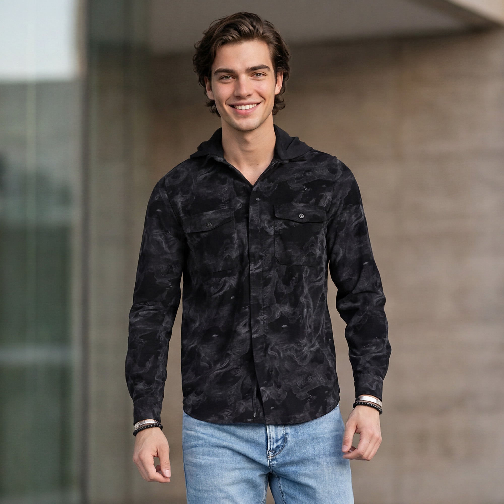 Men's Black Printed Straight Fit Shirts