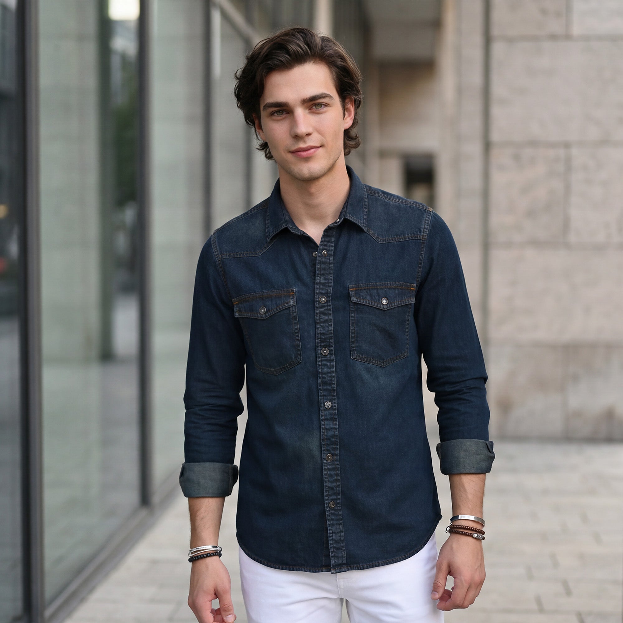 Men's Dark Blue Solid Slim Fit Shirts