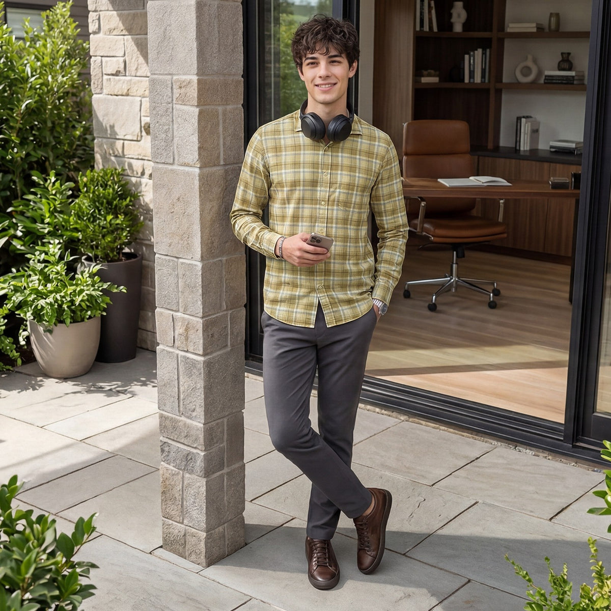 Men's Khaki Checks Slim Fit Shirts