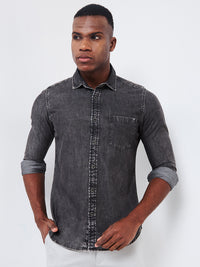 Full sleeves Slim Fit Mid Black Wash Indigo Solid Shirt