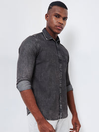 Full sleeves Slim Fit Mid Black Wash Indigo Solid Shirt