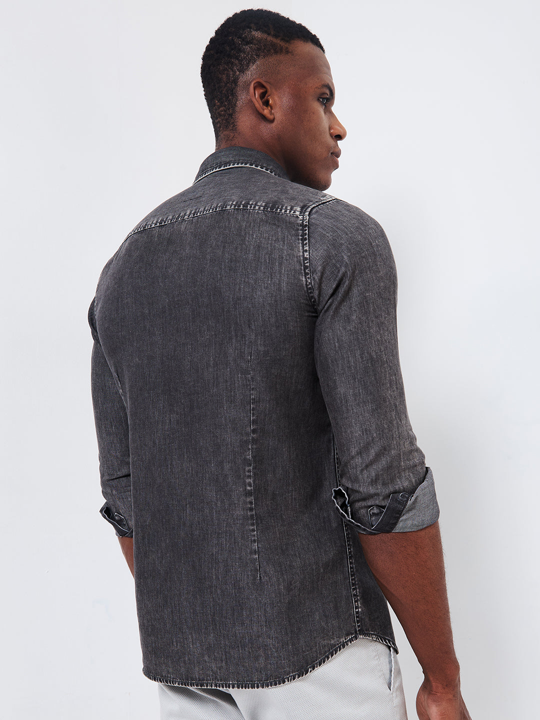Full sleeves Slim Fit Mid Black Wash Indigo Solid Shirt