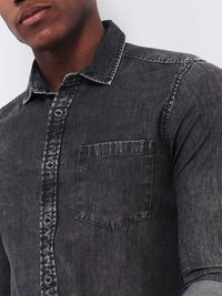 Full sleeves Slim Fit Mid Black Wash Indigo Solid Shirt