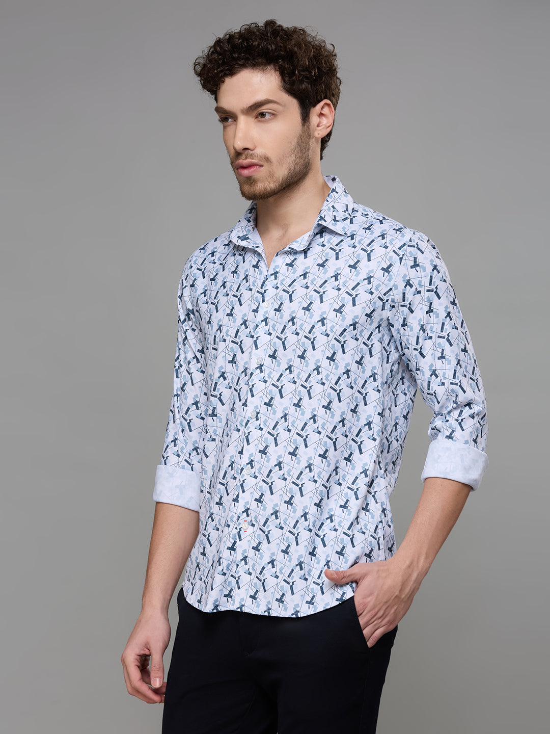 Men's Grey Printed Slim Fit Shirts