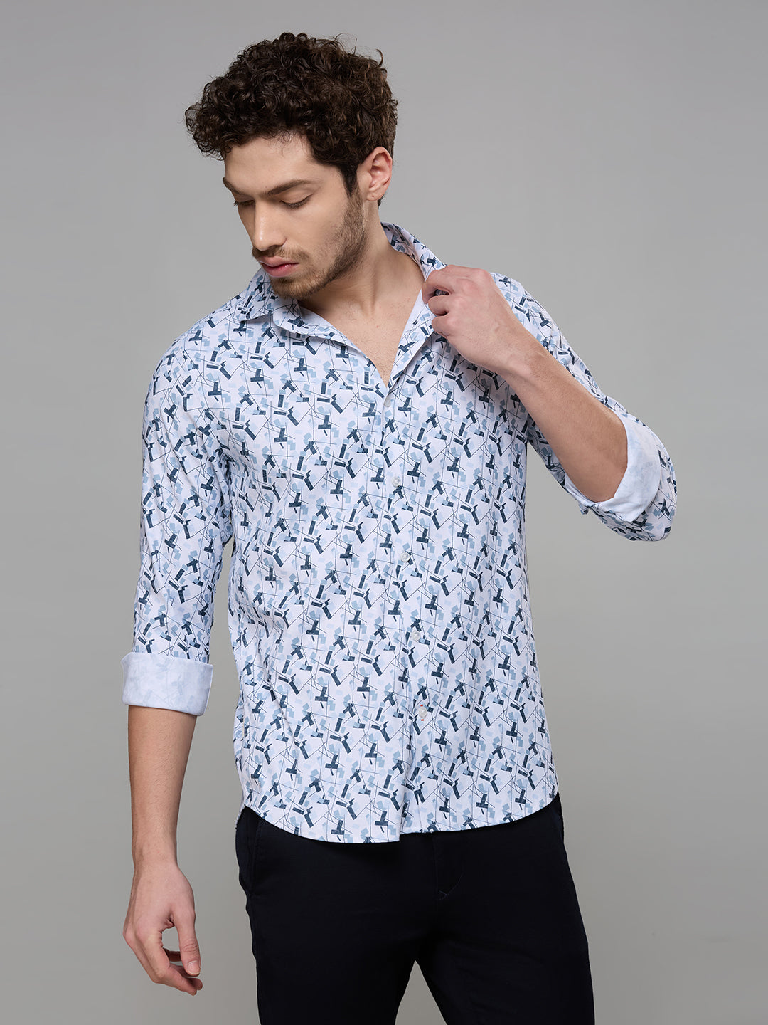 Men's Grey Printed Slim Fit Shirts