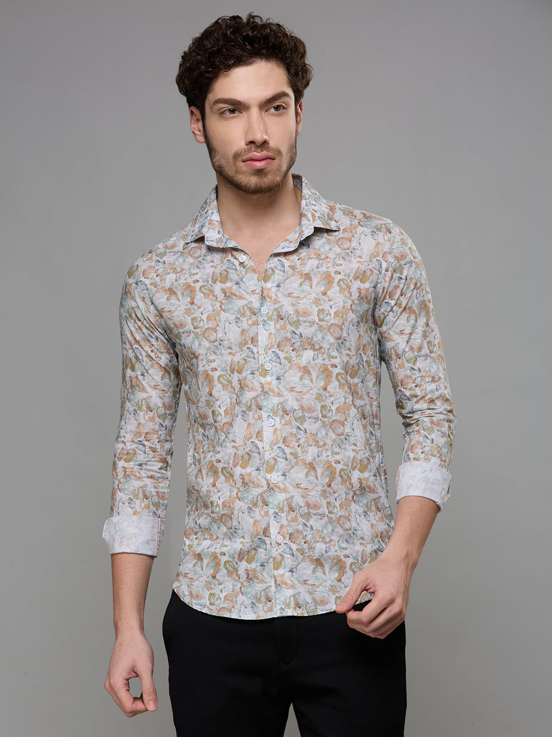Men's Peach Printed Slim Fit Shirts