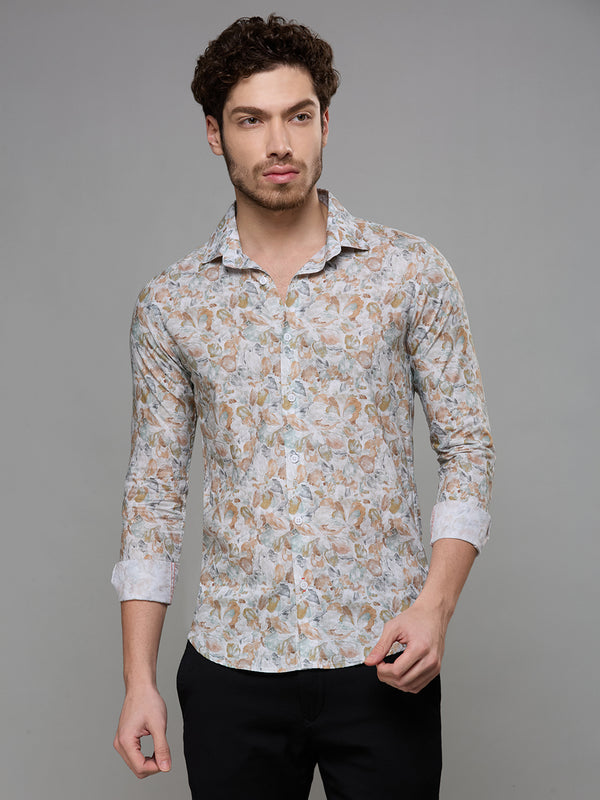 Men's Peach Printed Slim Fit Shirts