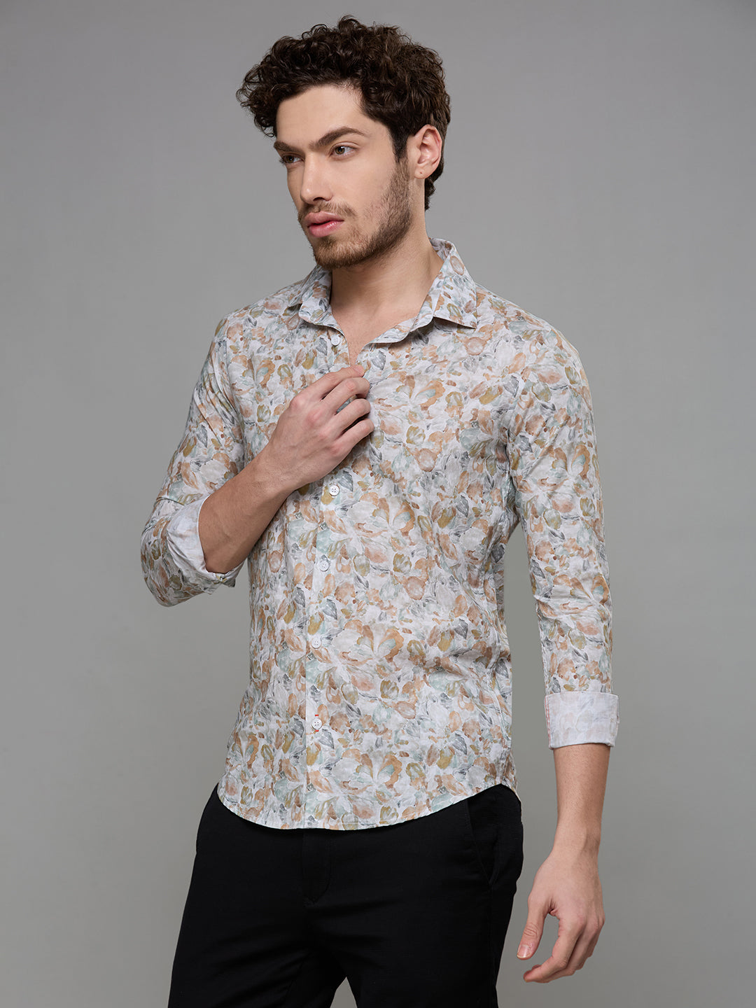 Men's Peach Printed Slim Fit Shirts