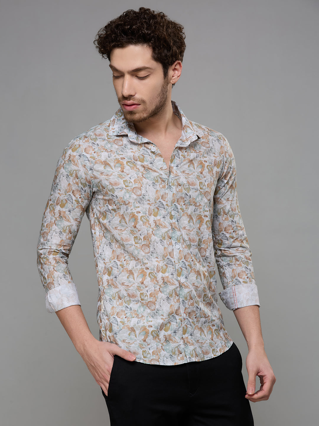 Men's Peach Printed Slim Fit Shirts