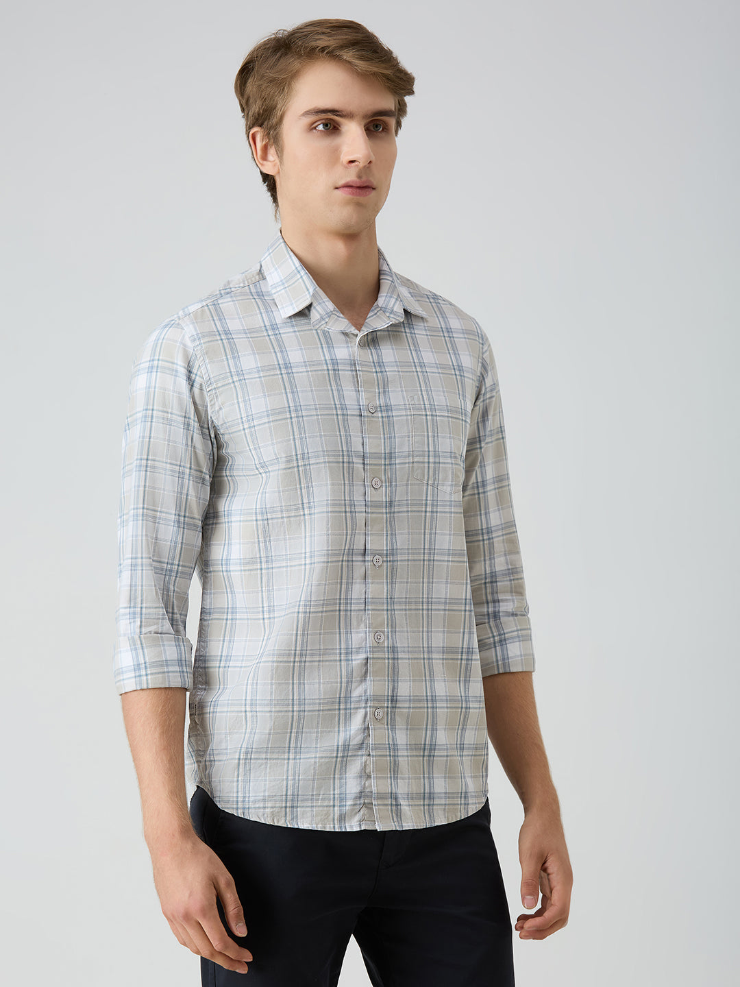 Men's Grey Checks Slim Fit Shirts