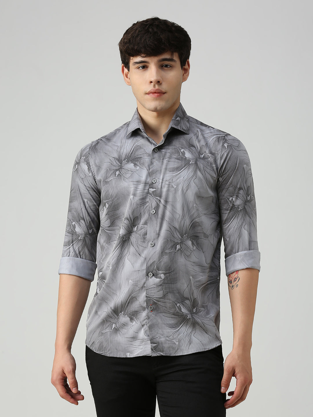 Men's Grey Printed Slim Fit Shirts