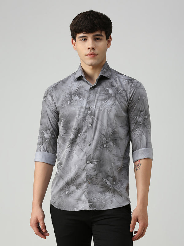 Men's Grey Printed Slim Fit Shirts