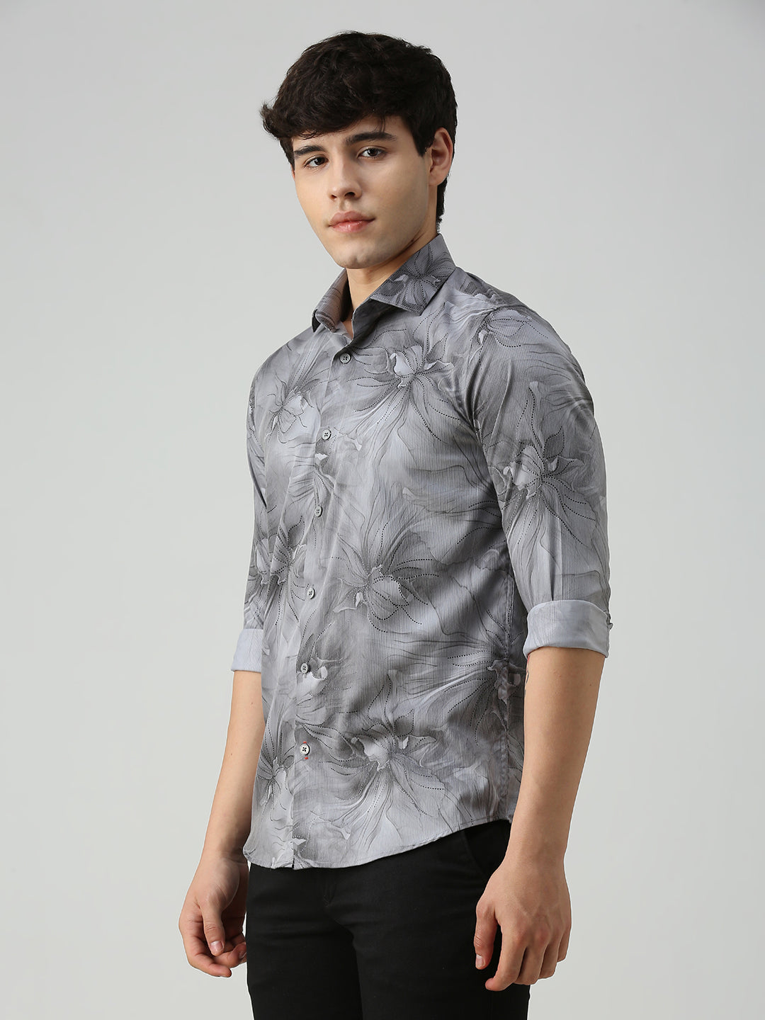 Men's Grey Printed Slim Fit Shirts