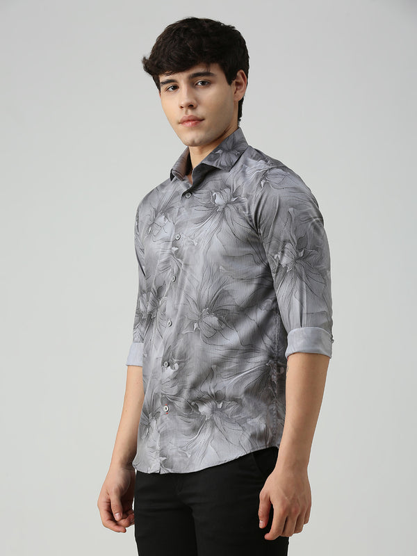 Men's Grey Printed Slim Fit Shirts