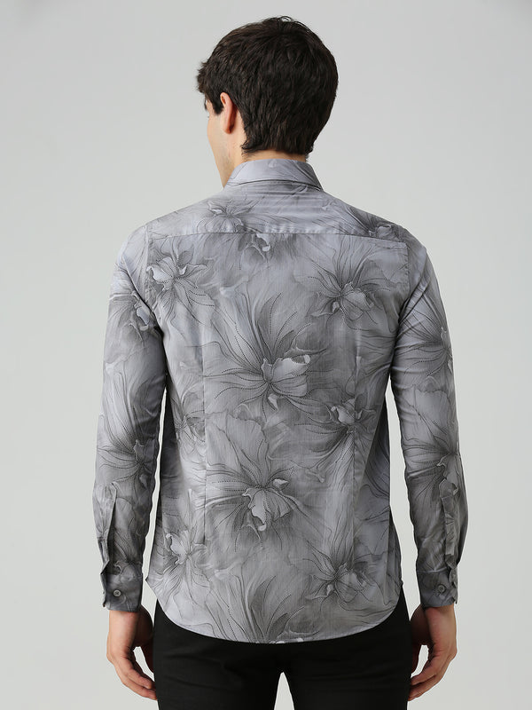 Men's Grey Printed Slim Fit Shirts
