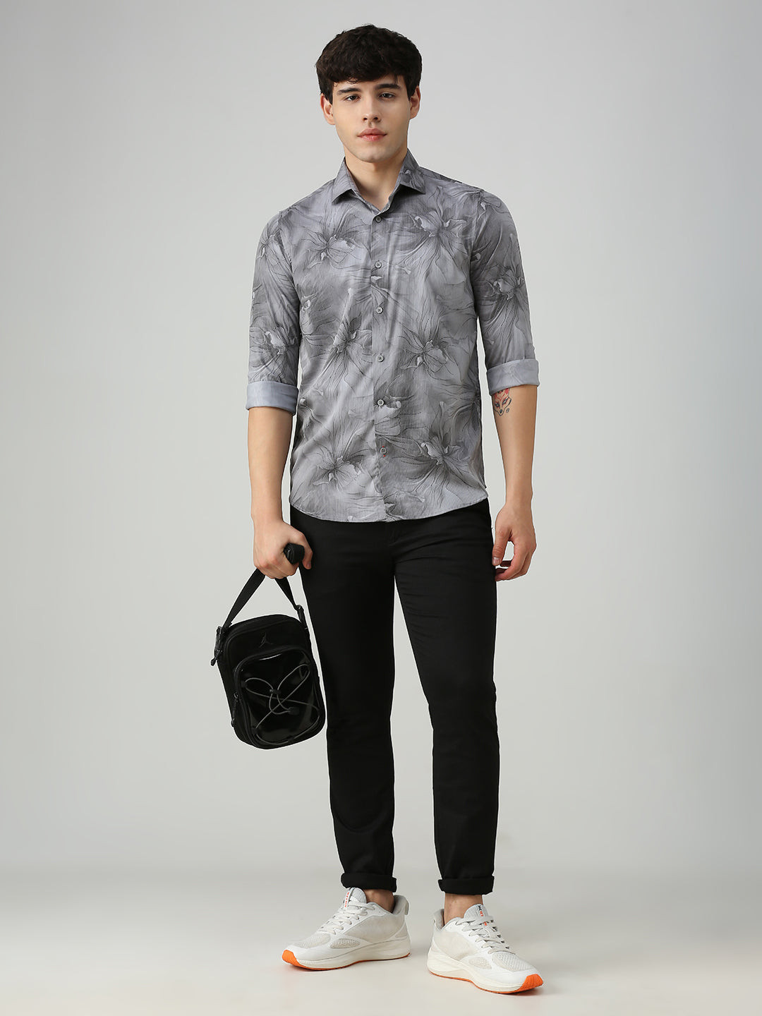 Men's Grey Printed Slim Fit Shirts