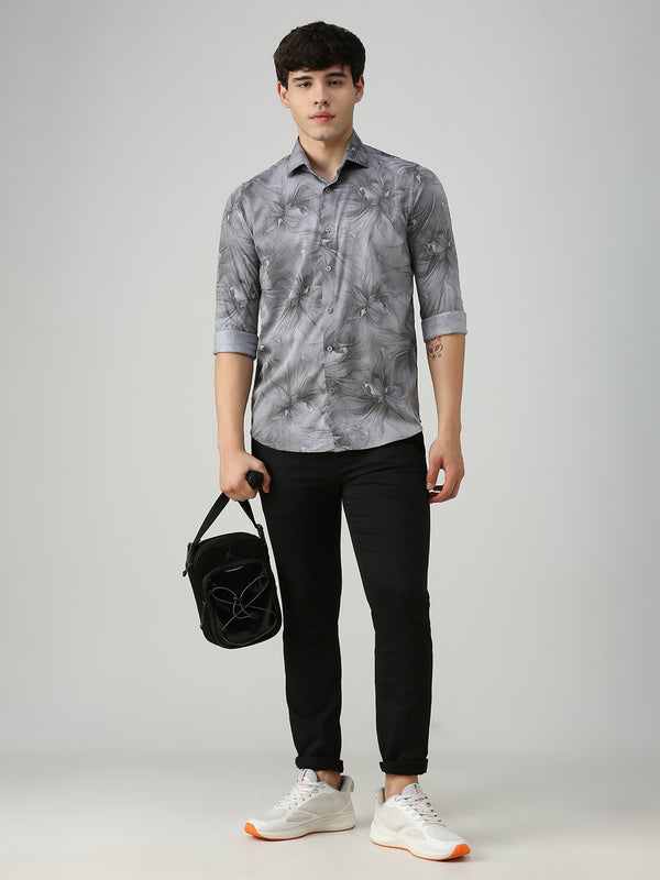 Men's Grey Printed Slim Fit Shirts