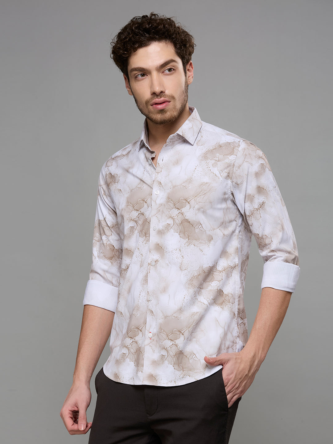 Men's Beige Printed Slim Fit Shirts