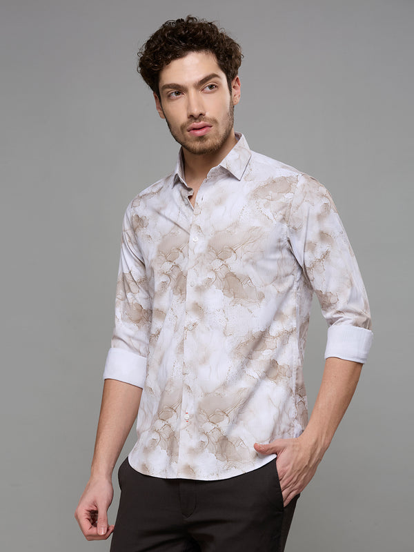 Men's Beige Printed Slim Fit Shirts