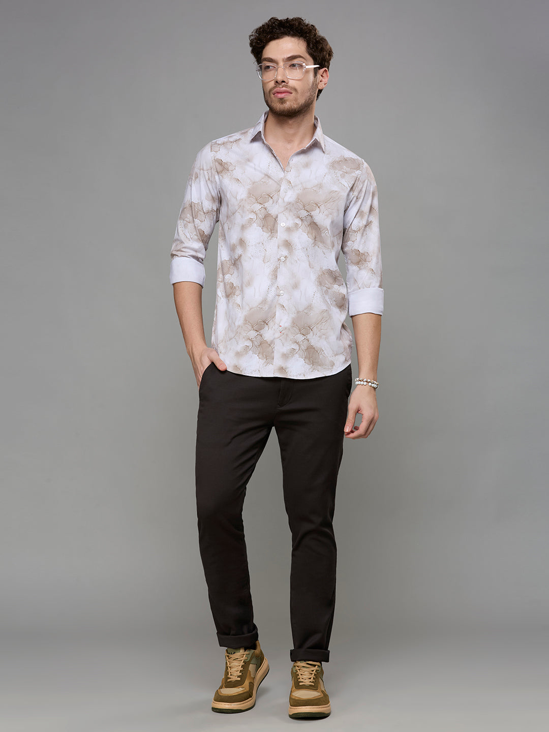 Men's Beige Printed Slim Fit Shirts