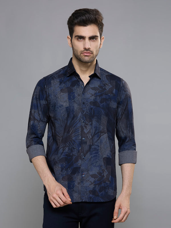 Men's Blue Printed Slim Fit Shirts