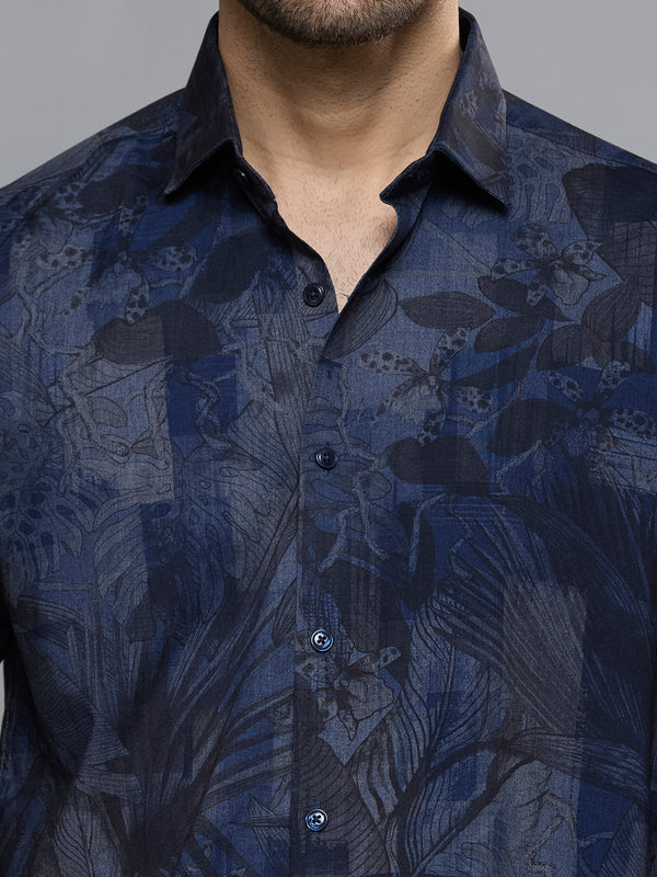 Men's Blue Printed Slim Fit Shirts