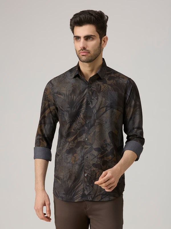 Men's Grey Printed Slim Fit Shirts