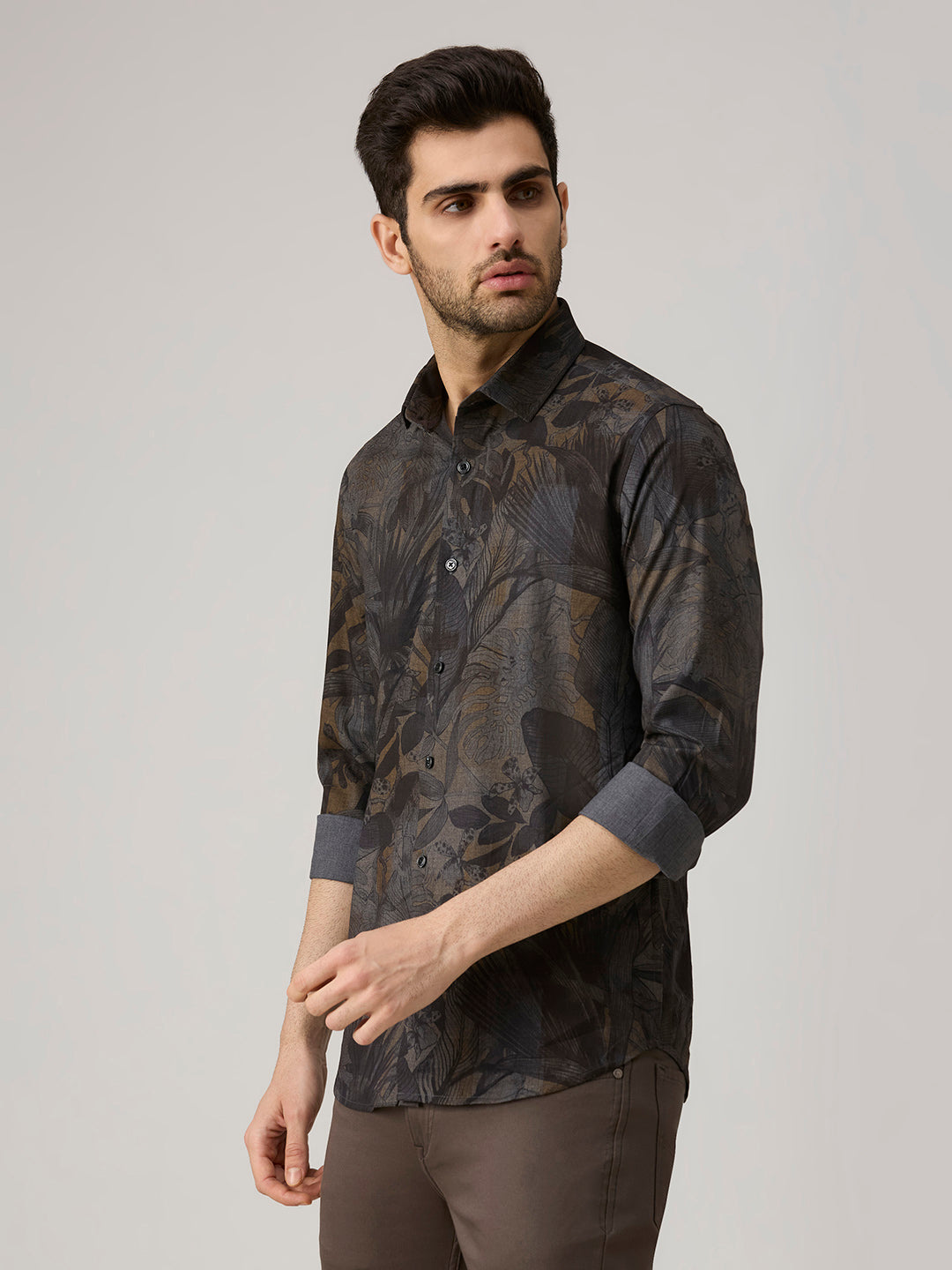 Men's Grey Printed Slim Fit Shirts