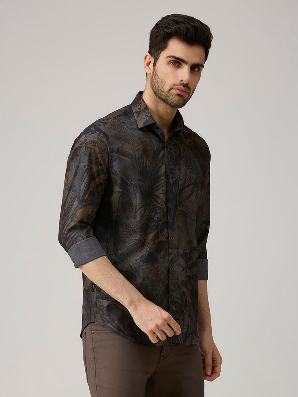 Men's Grey Printed Slim Fit Shirts