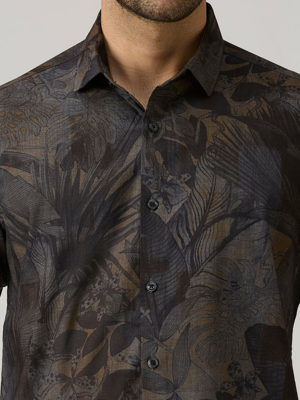 Men's Grey Printed Slim Fit Shirts