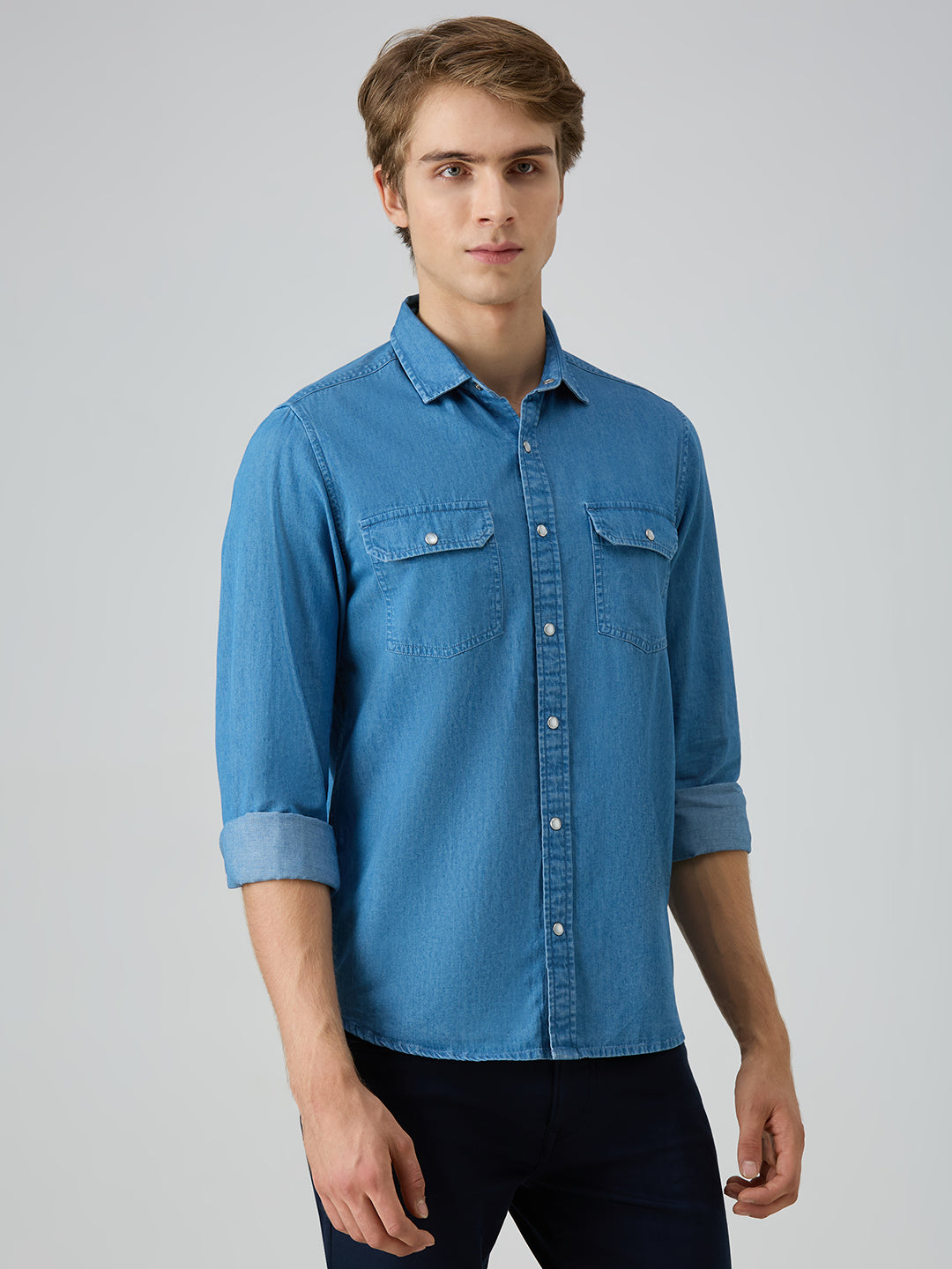Men's Light Blue Solid Straight Fit Shirts