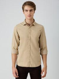 Men's Beige Solid Straight Fit Shirts